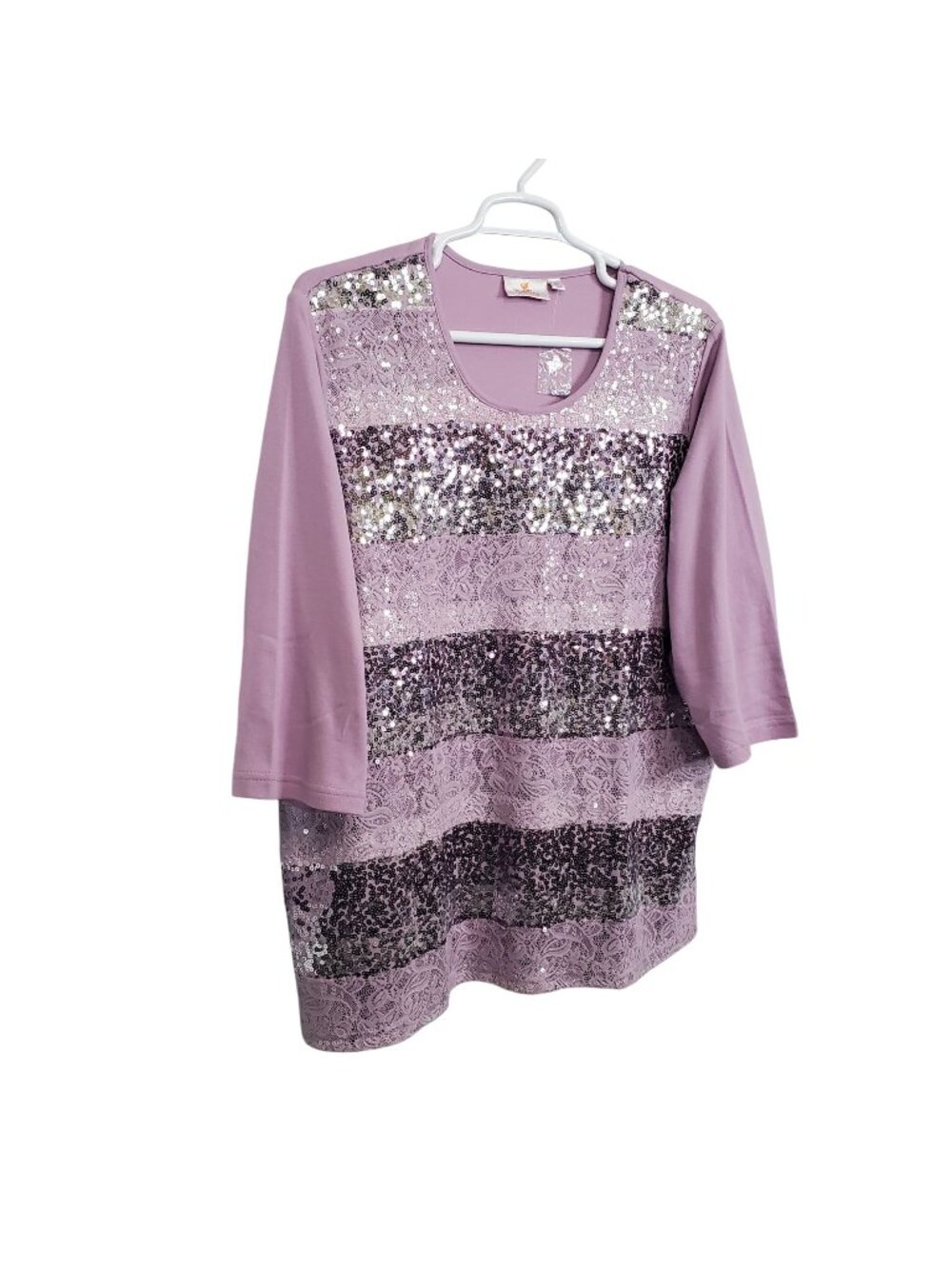 Quacker Factory 3X Top Tunic Sequin Lace 3/4 Sleeve Scoop Neck Sparkly Lavender